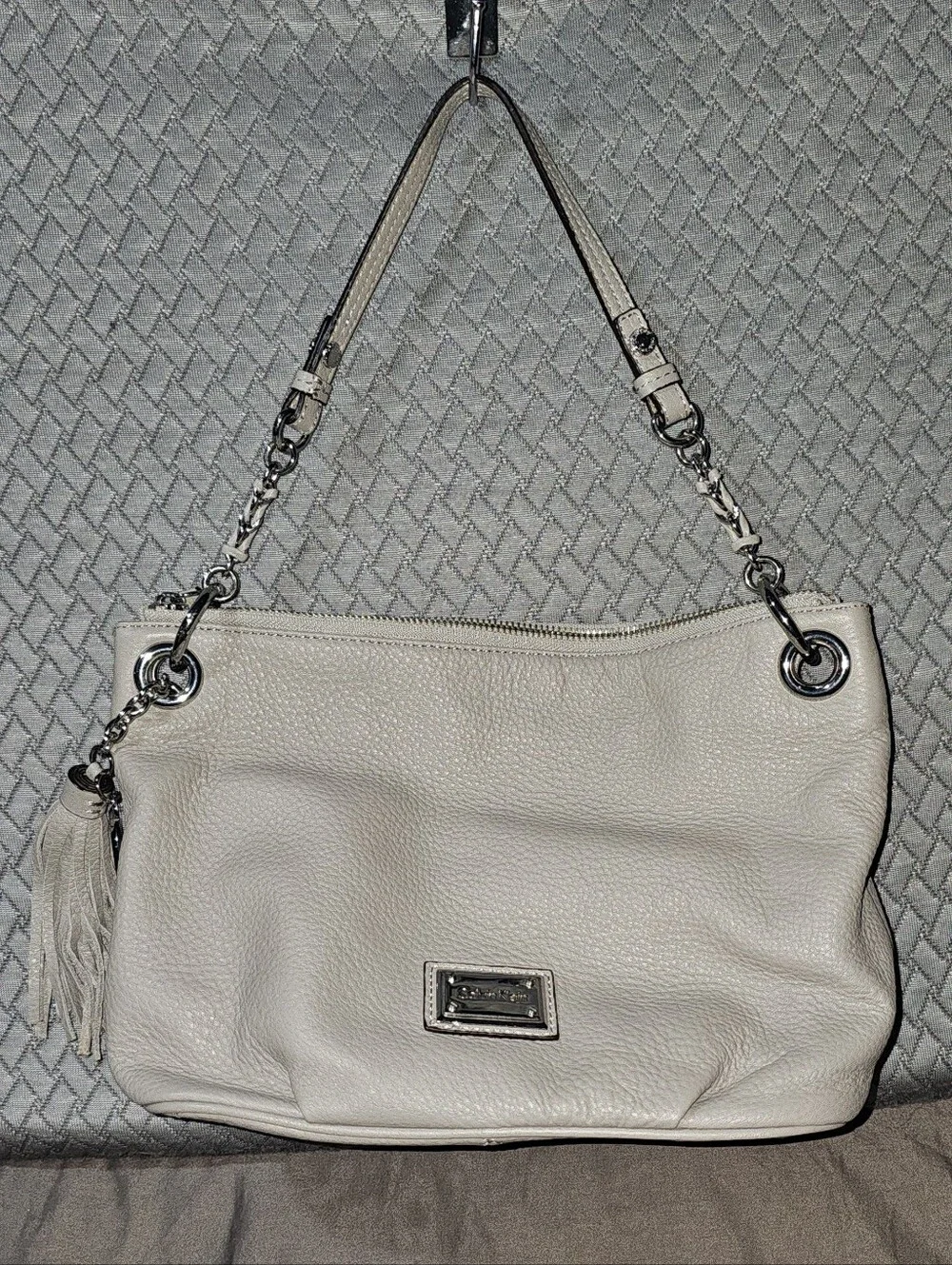 Calvin Klein Pebbled Leather Shoulder Bag in Light Gray with Tassel